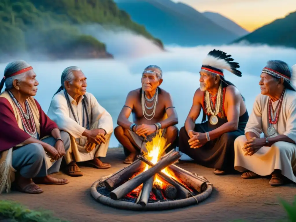 Ancianos indígenas reunidos alrededor de una fogata, iluminados por el fuego, reflejando sabiduría y conexión con sus raíces