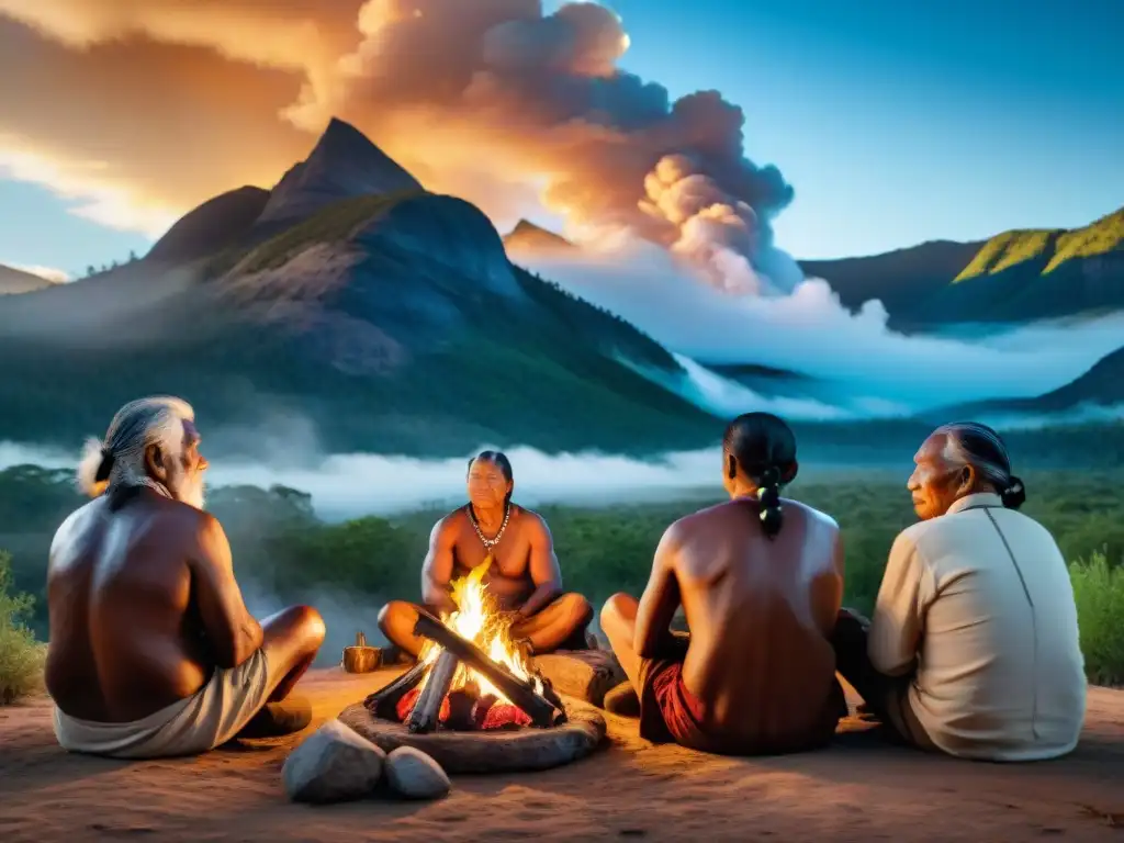 Ancianos indígenas reunidos alrededor de una fogata, con vestimenta tradicional, iluminados por el fuego bajo un cielo estrellado