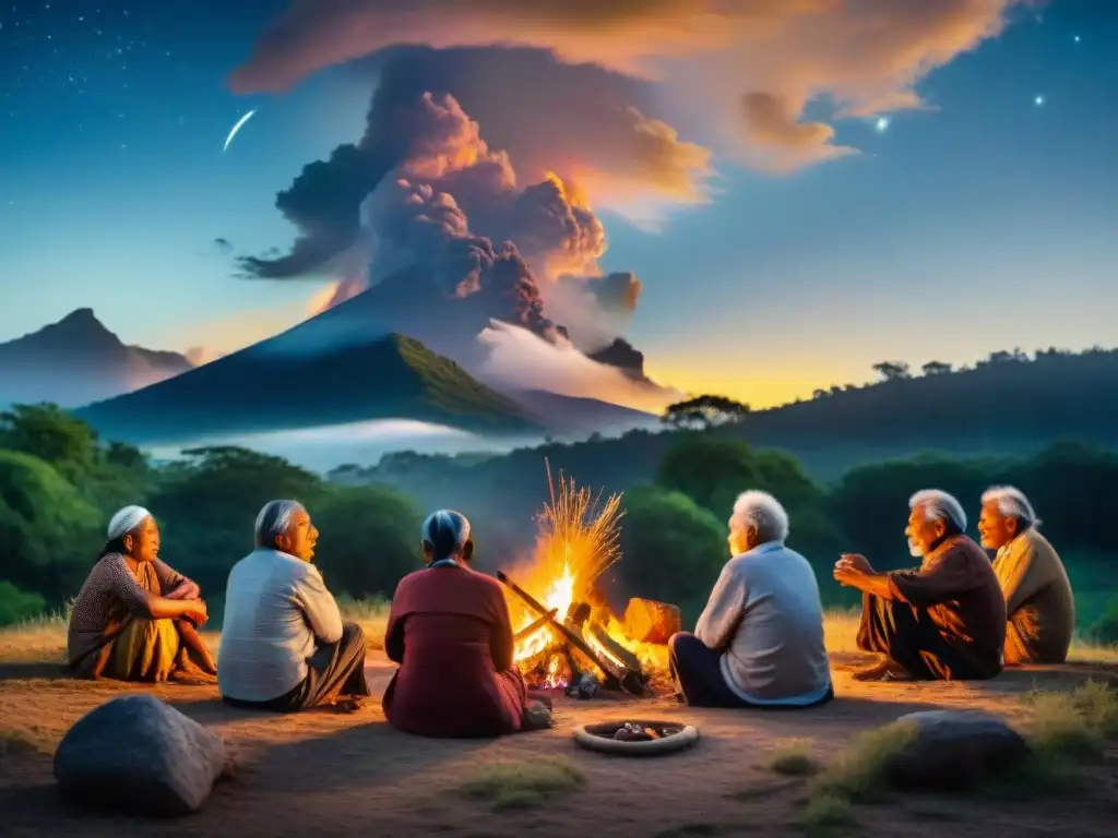 Ancianos indígenas reunidos alrededor del fuego, iluminados por las llamas, en una escena mística bajo las estrellas