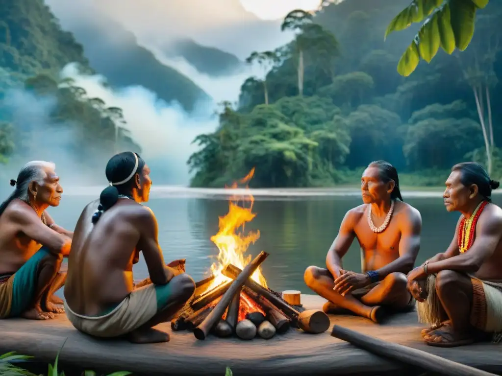 Ancianos indígenas reunidos alrededor del fuego sagrado en la selva, reflejando sabiduría y resiliencia