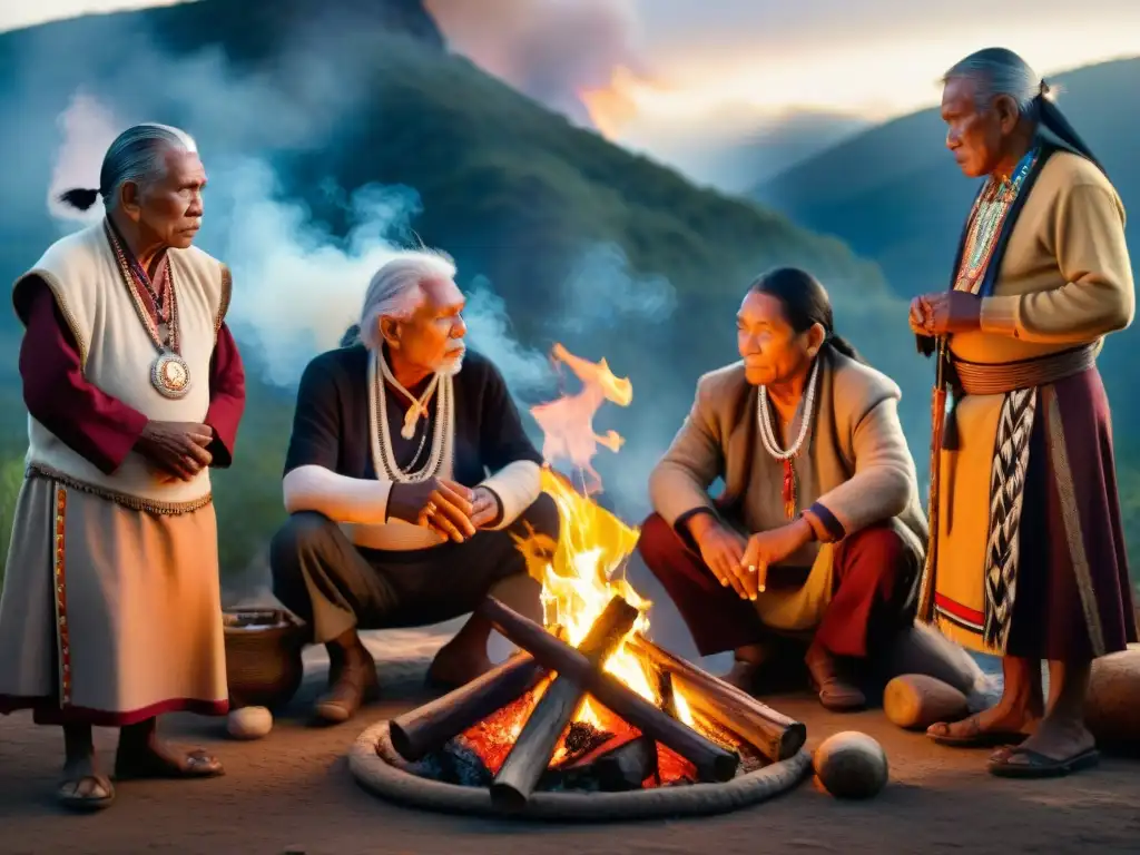 Ancianos indígenas reunidos alrededor del fuego, con atuendos tradicionales