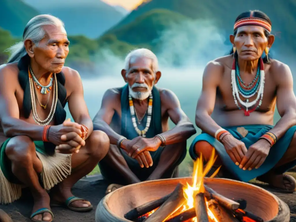 Ancianos indígenas reunidos alrededor del fuego sagrado, transmitiendo historias de resiliencia y sabiduría en la naturaleza