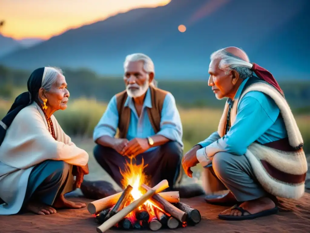 Ancianos indígenas reunidos alrededor del fuego, compartiendo sabiduría ancestral en su idioma nativo