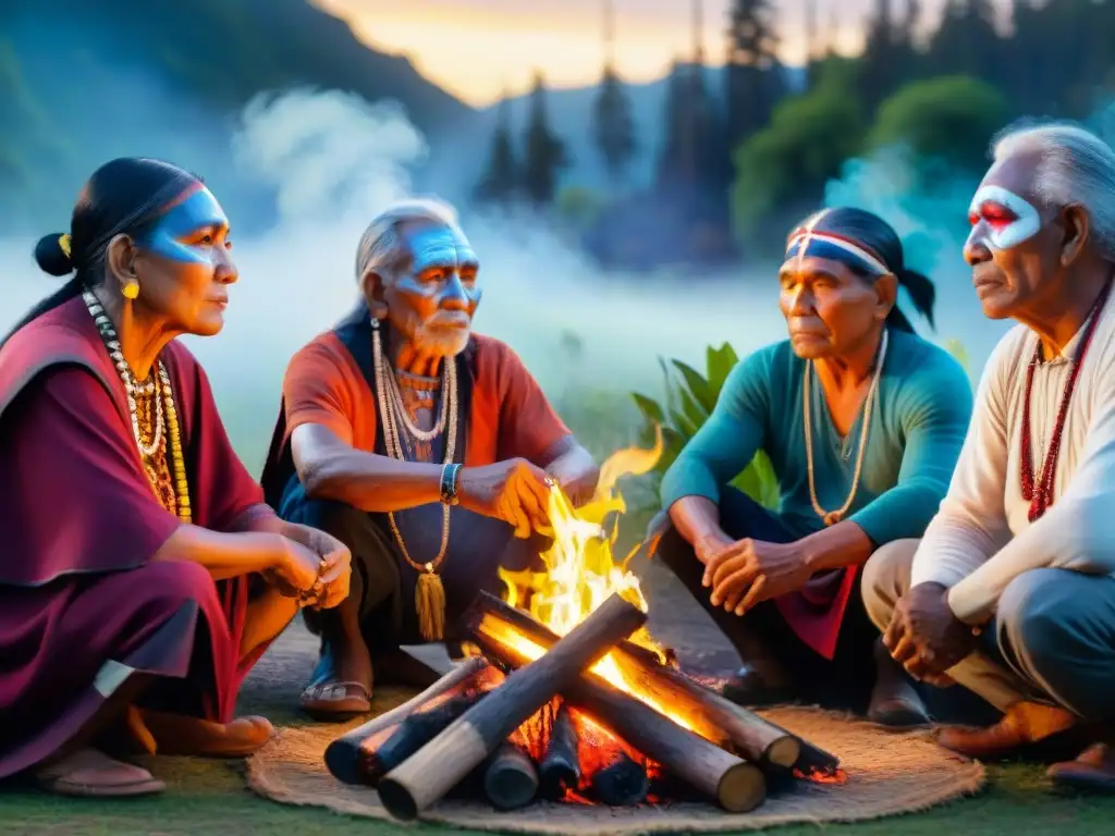 Ancianos indígenas reunidos alrededor del fuego en ceremonia tradicional, preservación lingüística en culturas indígenas