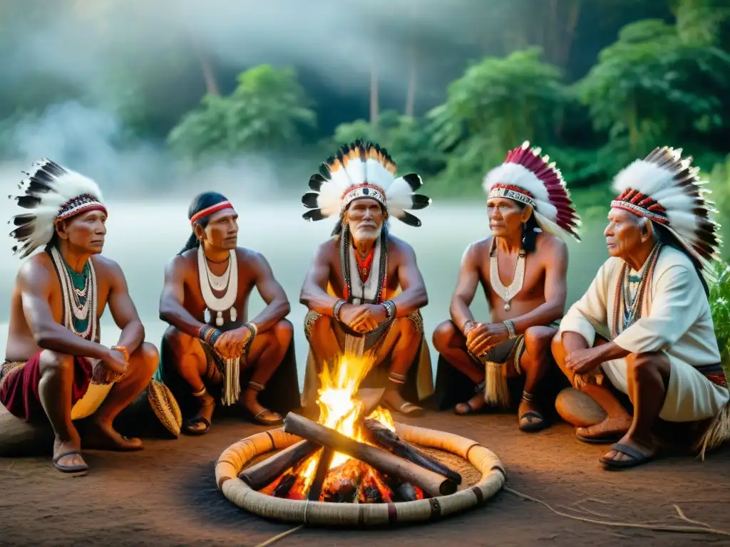 Ancianos indígenas reunidos alrededor del fuego, vestidos con atuendos tradicionales en un bosque exuberante