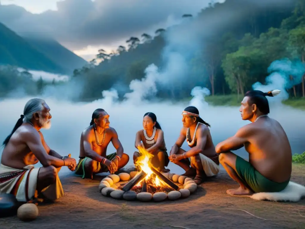 Ancianos indígenas en ritual con técnicas indígenas de predicción del clima, en un bosque al atardecer