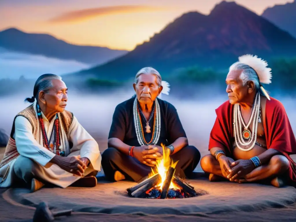 Ancianos indígenas interpretando sueños alrededor del fuego, conectados con sus ancestros en una ceremonia espiritual