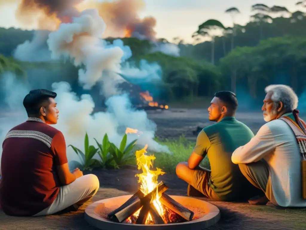 Ancianos y jóvenes indígenas comparten saberes tradicionales junto a una fogata en la selva biodiversa