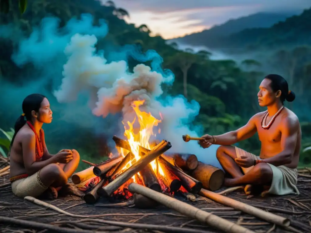 Ancianos Kichwa preparan guayusa junto al fuego en la selva amazónica, evocando leyendas indígenas