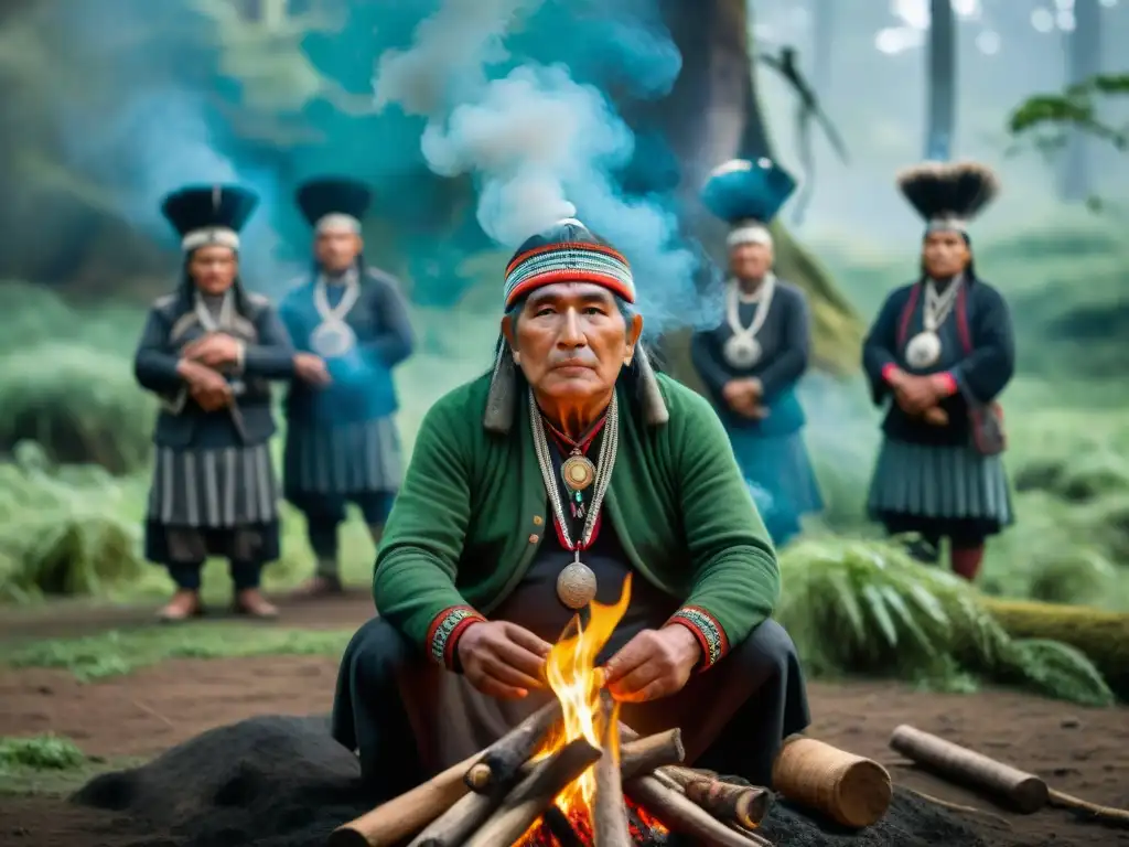 Ancianos Mapuche en ceremonia alrededor del fuego en bosque verde, representando la Resistencia de los Mapuche en Chile