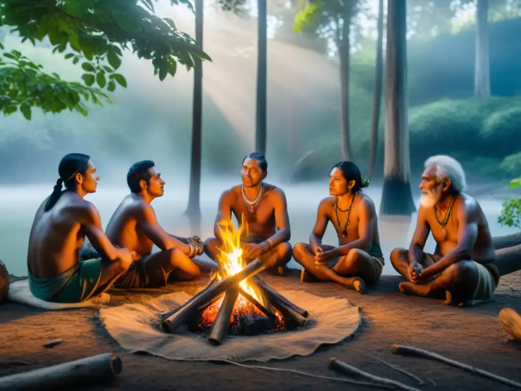 Ancianos de tribus originarias en un bosque sagrado, compartiendo lecciones de sostenibilidad y sabiduría ancestral