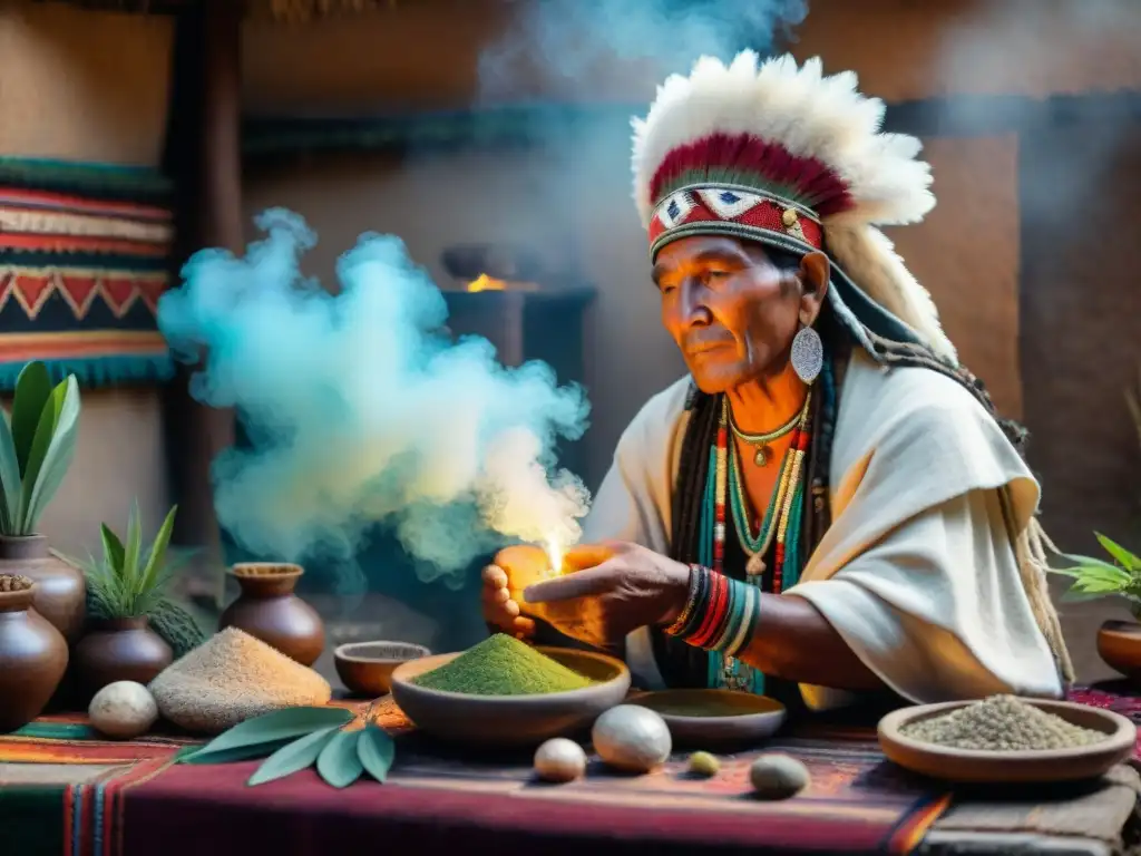 Shamán andino en ceremonia de curación rodeado de hierbas medicinales y cristales, invocando espíritus ancestrales