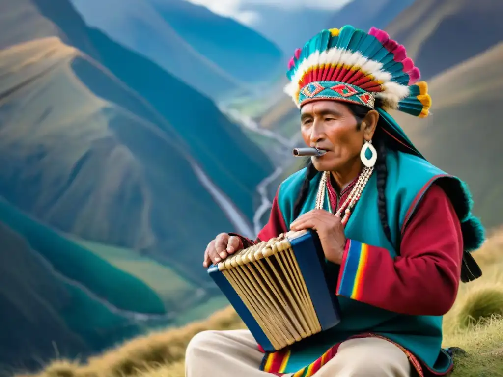 Músico andino tocando la flauta de Pan, rodeado de montañas, vistiendo traje tradicional y tocando con profunda concentración