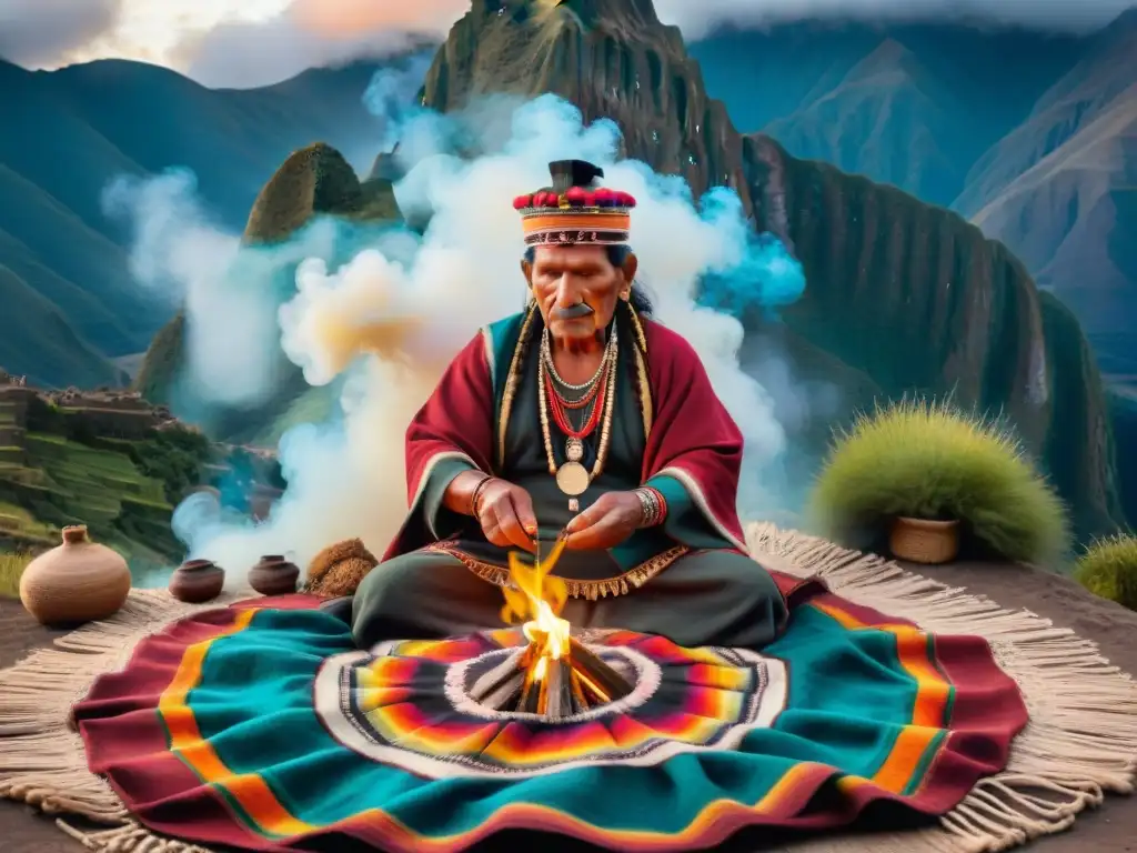 Un shaman andino realiza ritual sagrado en los Andes, rodeado de colores y humo aromático