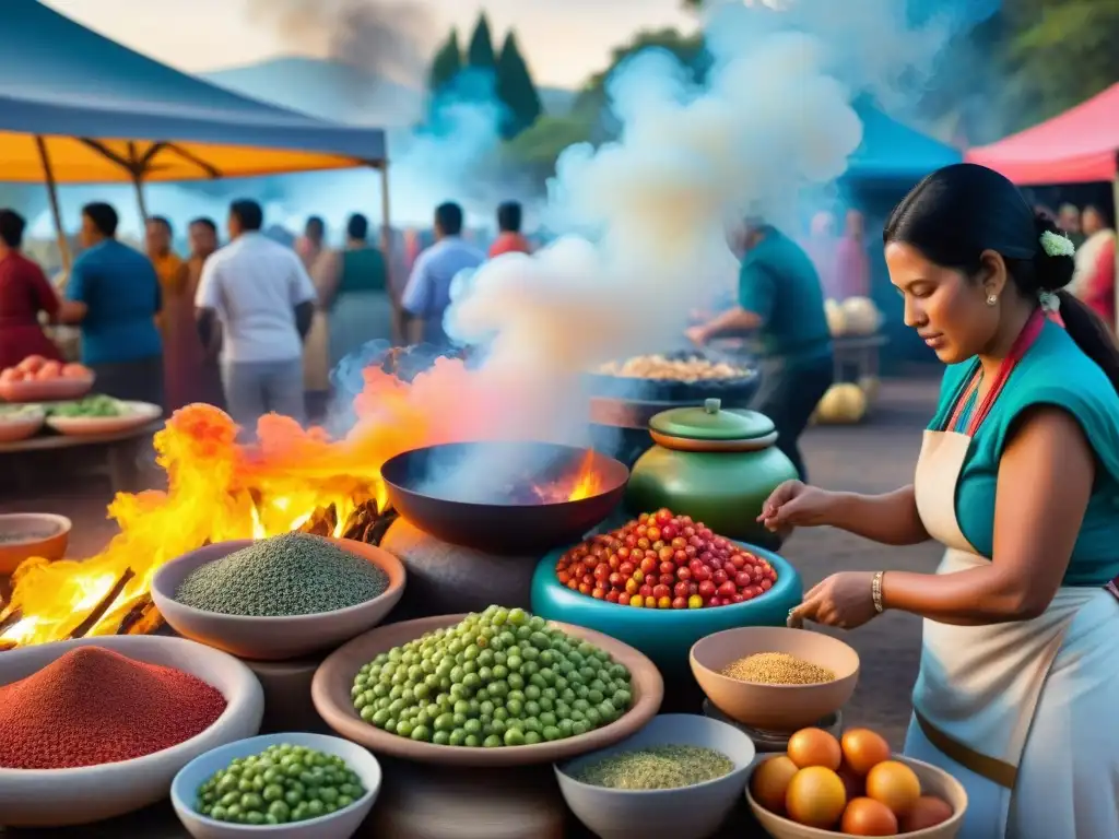 Una animada escena de mercado indígena con cocina tradicional, destacando la cocina indígena en gastronomía contemporánea