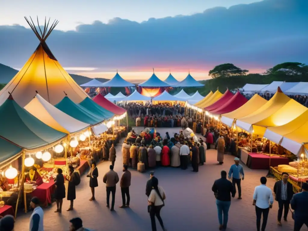 Festival de Cine Indígena: Diversidad y Emoción nocturna Un animado festival de cine indígena al atardecer, con carpas coloridas y asistentes diversos