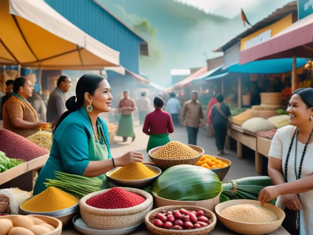 Un animado mercado con tiendas alimentos indígenas online, colores vibrantes y productos tradicionales