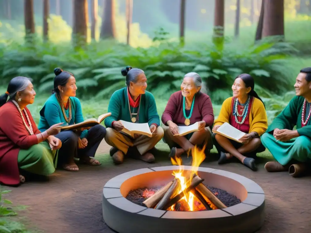 Un animado taller de preservación de lenguas indígenas amenazadas en comunidad alrededor de una fogata tradicional en el bosque