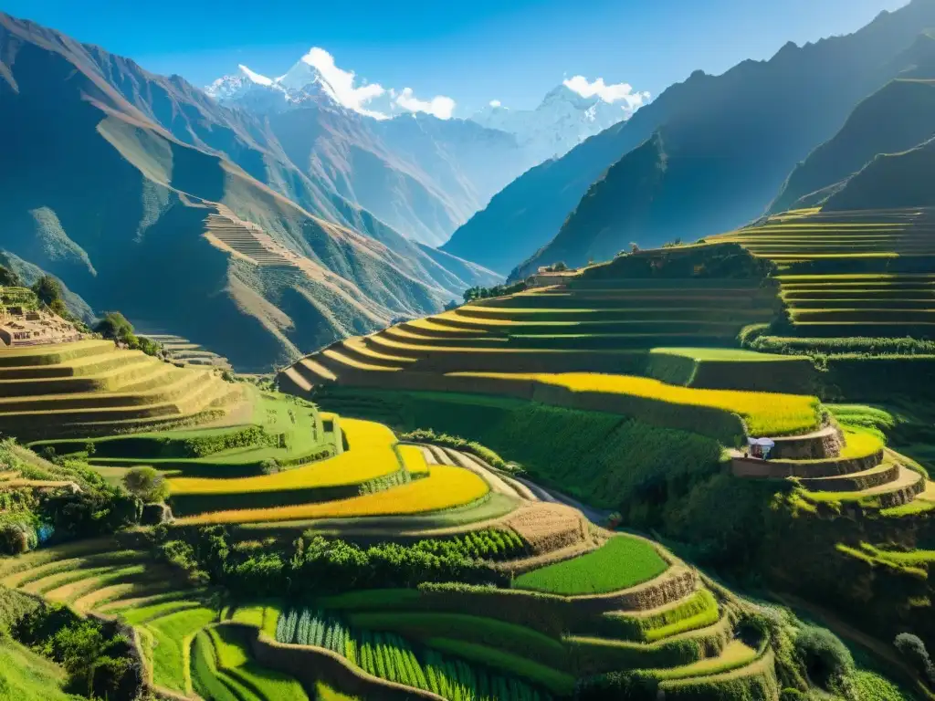 Antiguas terrazas agrícolas incas en los Andes, destacando la avanzada ingeniería agrícola de las culturas precolombinas