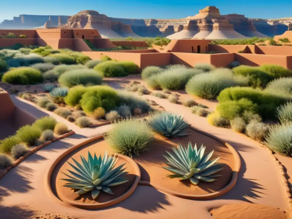 Antiguo sistema de conservación del agua en arquitectura Anasazi con canales de riego de arcilla y plantas del desierto bajo cielo azul