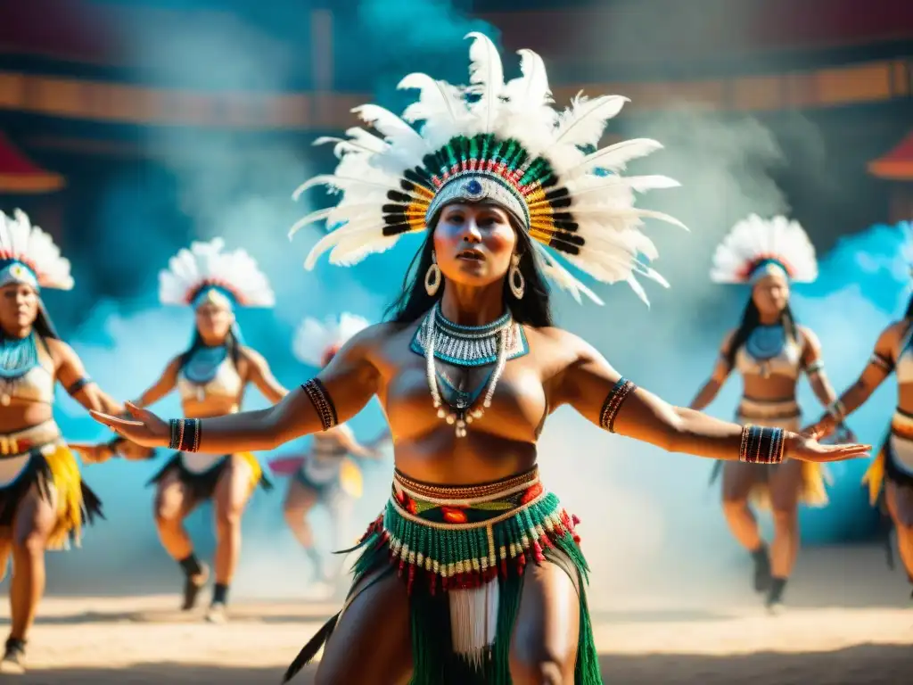 Apasionada competencia de danza indígena con vibrantes atuendos y plumas coloridas, en un escenario global