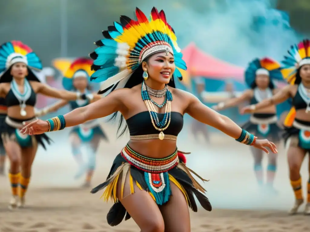 Apasionante competencia de danza indígena en un festival, con trajes coloridos y expresiones de alegría