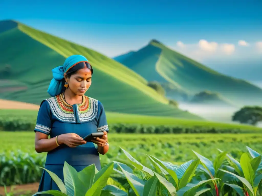 Aplicaciones móviles agricultores tradicionales trabajando en campo verde con atuendos tribales y tecnología