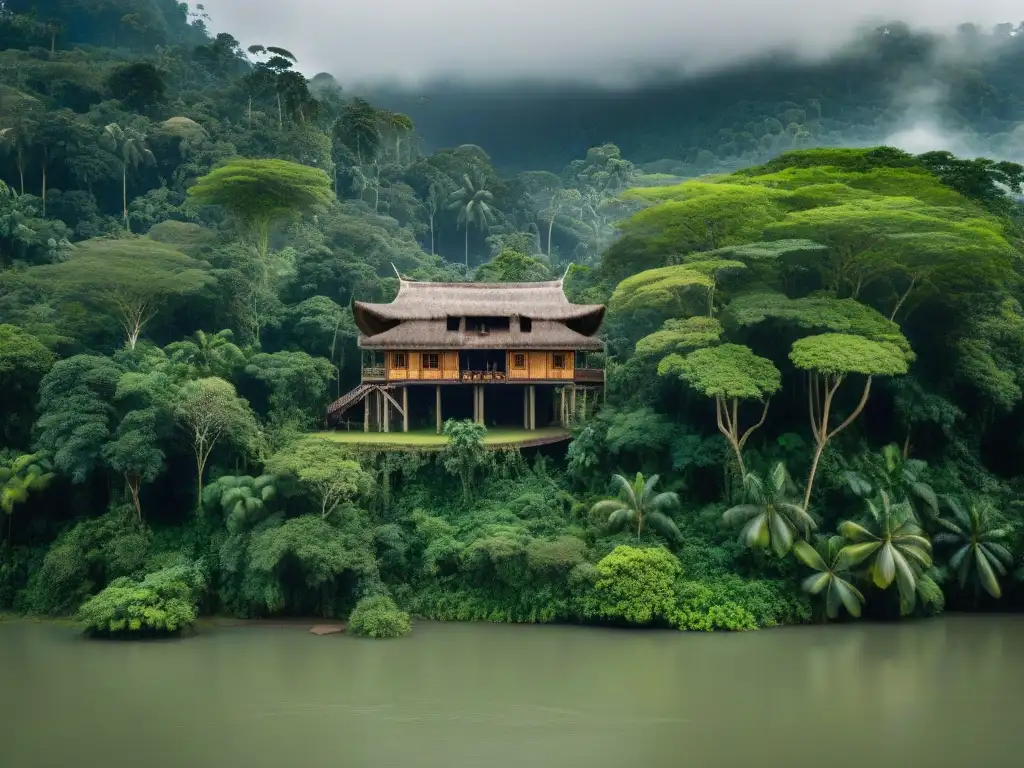 Armonía de arquitectura tradicional en la selva: casa indígena con detalles tallados y patrones vibrantes, rodeada de exuberante naturaleza