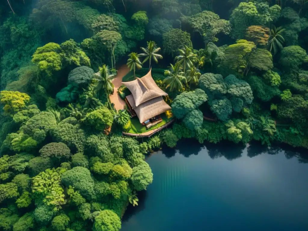 Armonía de arquitectura tradicional en la selva: aldea indígena con cabañas de techo de paja entre exuberante vegetación y luz cálida