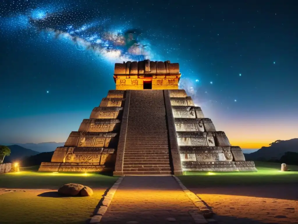 Arquitectura celestial de templos precolombinos alineados con estrellas y constelaciones en la noche