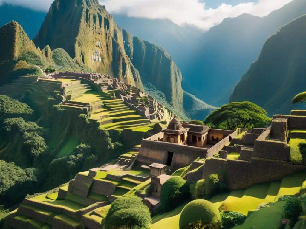 Arquitectura Inca integrada con naturaleza: detallada estructura antigua rodeada de vegetación exuberante y montañas andinas al fondo