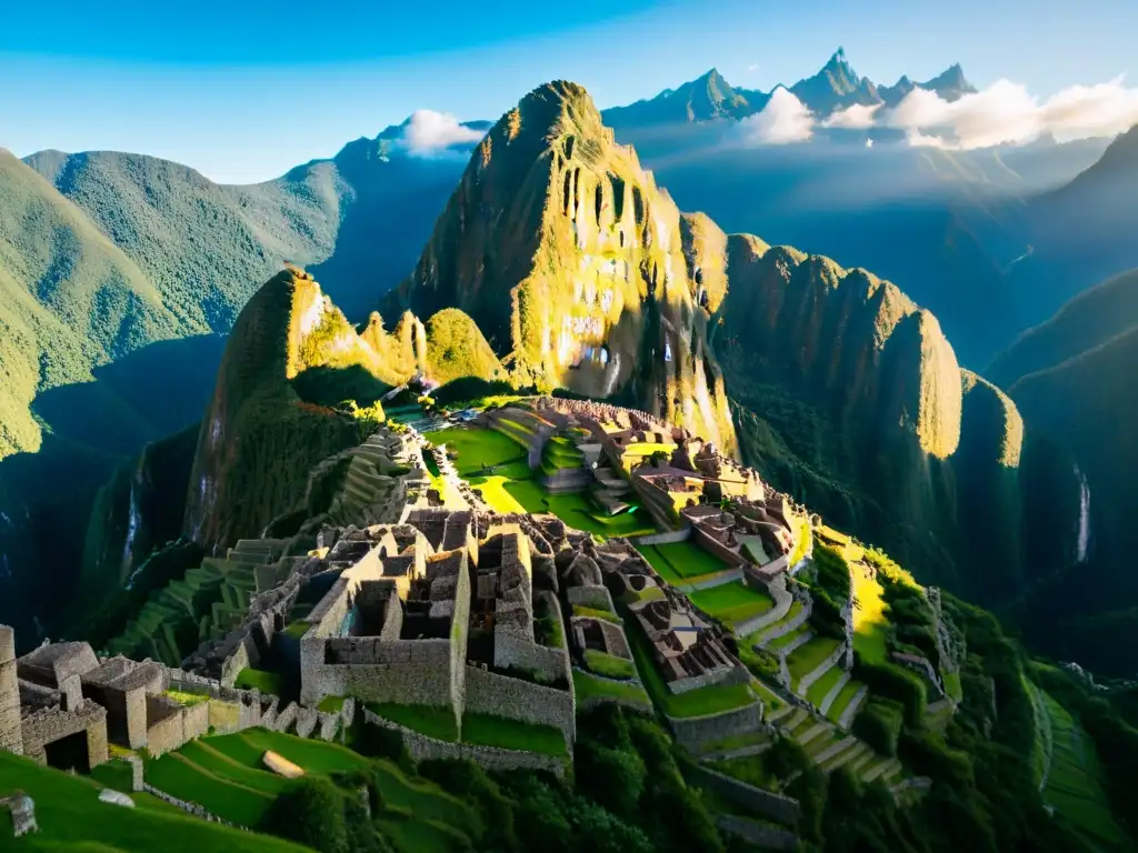 Arquitectura Inca integrada con naturaleza: Detalle preciso de Machu Picchu, con montañas verdes y cielo azul