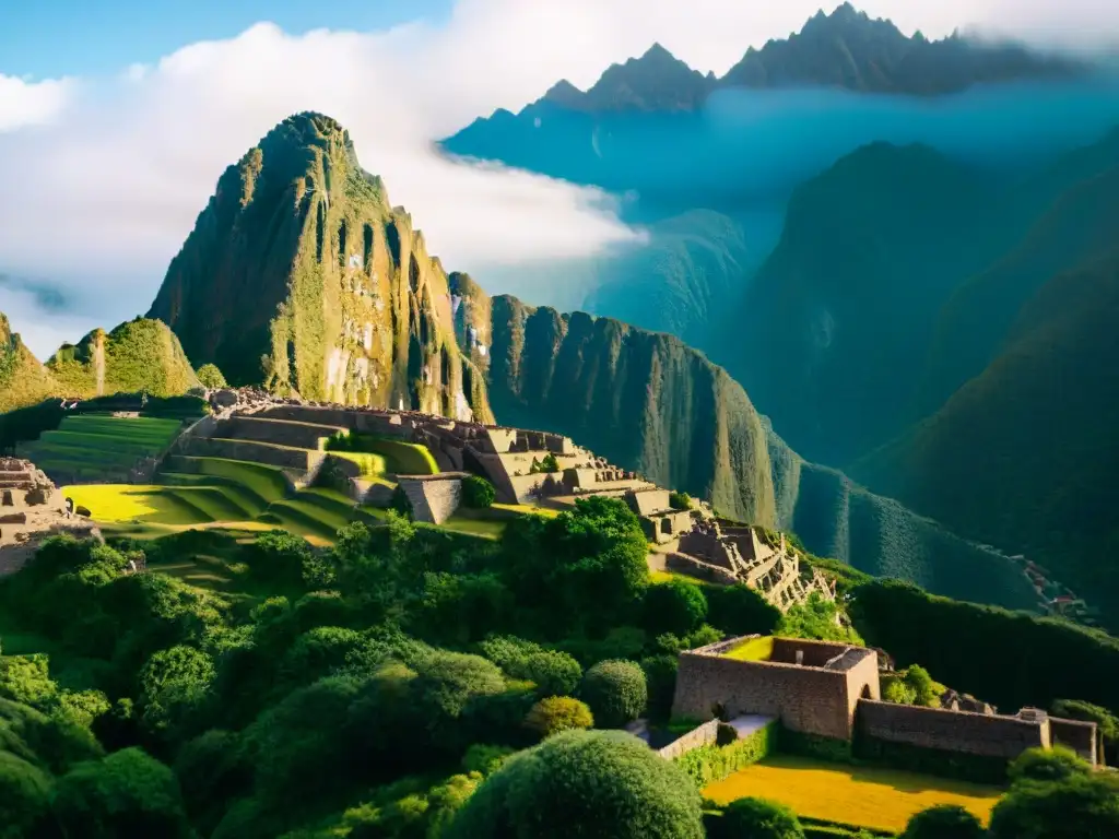 Arquitectura Inca integrada con naturaleza: Detalle de una estructura inca rodeada de exuberante vegetación y majestuosas montañas