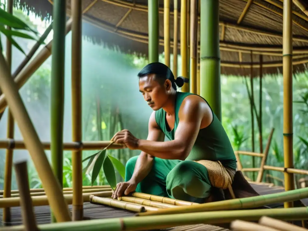 Arquitectura indígena de bambú resistente: artesanos construyen meticulosamente una casa tradicional en la selva exuberante