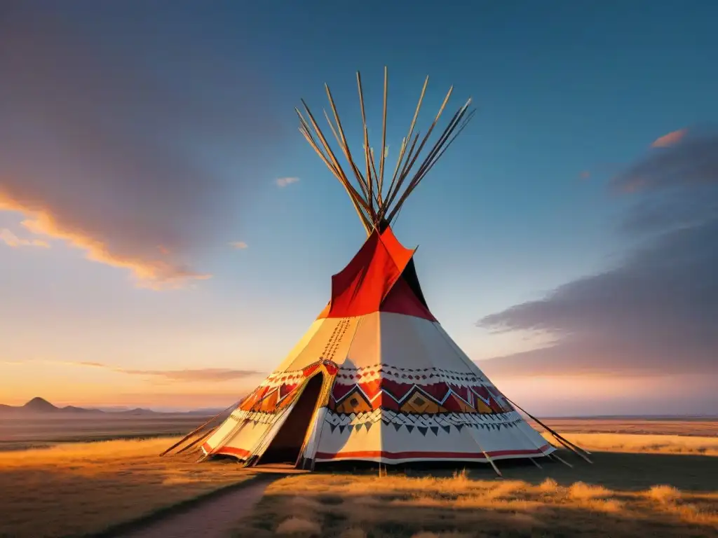 Arquitectura indígena para futuro sostenible: Detalle de tipi bajo el atardecer en las Grandes Llanuras