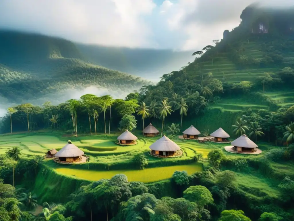 Arquitectura sostenible en pueblo indígena: huts circulares de madera y paja en bosque verde, habitantes en actividad cultural