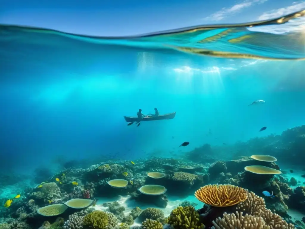 Un arrecife de coral vibrante con vida marina, reflejando la conexión entre pueblos indígenas y la conservación de ecosistemas marinos