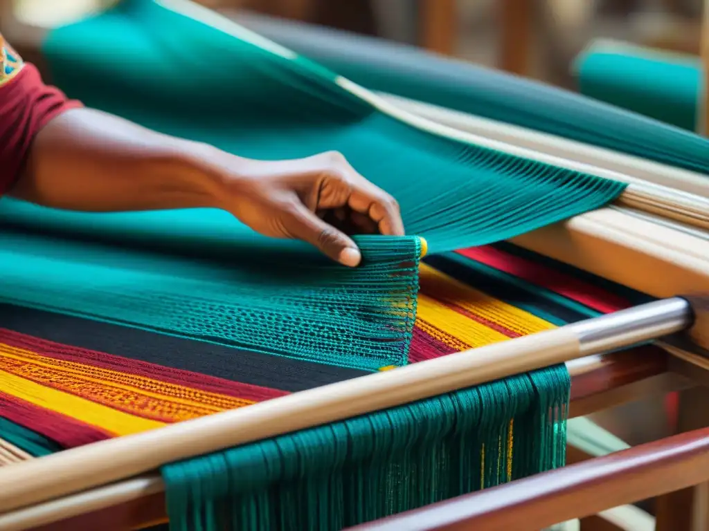 Arte ancestral: manos expertas tejen textiles indígenas con colores vibrantes y patrones intrincados