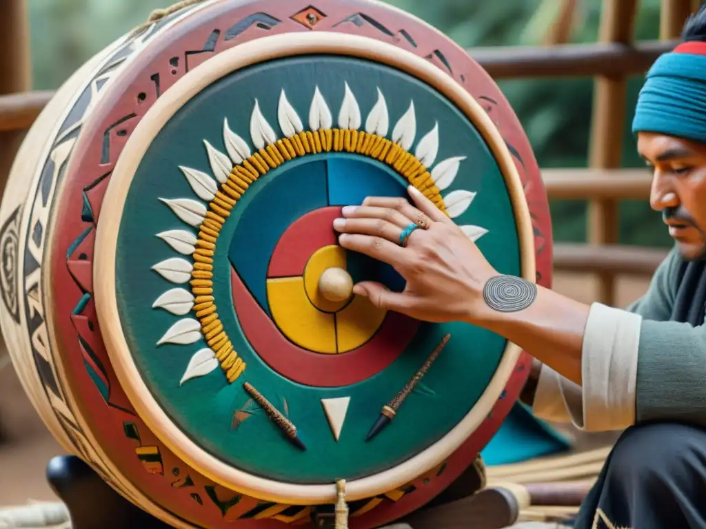 Arte ancestral mapuche: artesano talla símbolos en kultrun rodeado de pigmentos y plumas, en bosque de Araucarias