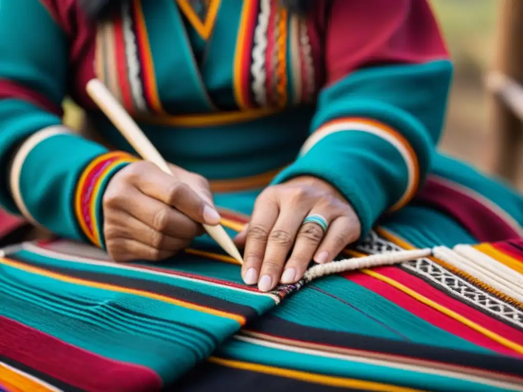 Arte ancestral mapuche: manos tejiendo patrones coloridos en textil virtual con destreza y tradición