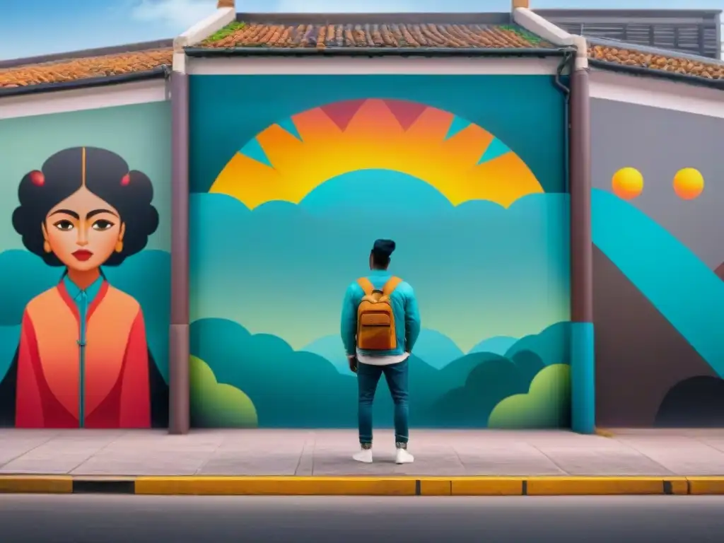 Arte callejero indígena contemporáneo: mural vibrante en la ciudad con símbolos culturales y elementos urbanos modernos entrelazados