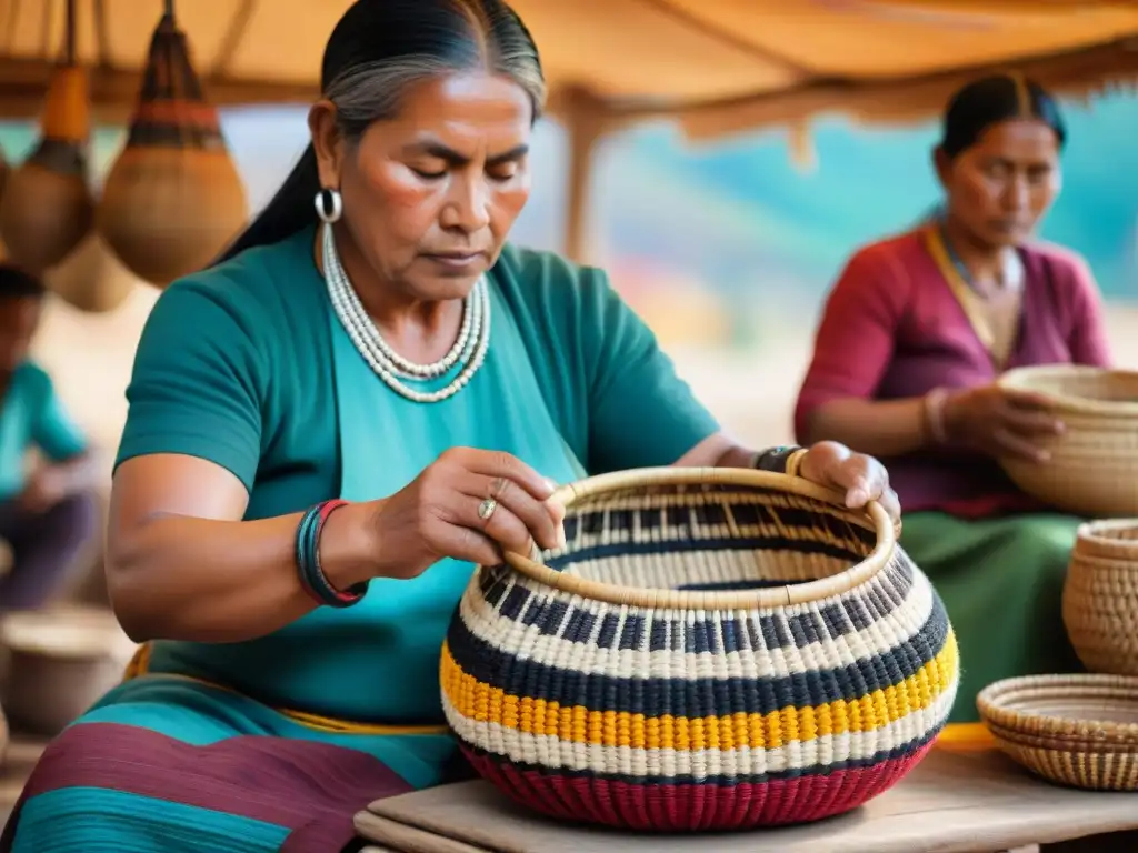 Artesanía indígena: cestero experto en mercado vibrante Arte cestería indígena reconocer: Un artesano indígena tejiendo una cesta en un mercado vibrante y colorido
