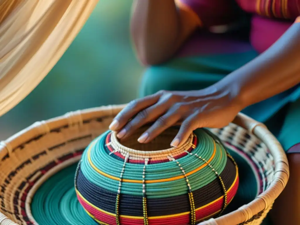 Arte ancestral: manos indígenas tejiendo cestas vibrantes Arte cestería indígena reconocer: manos hábiles tejen fibras naturales en cesta tradicional, reflejando artesanía y cultura