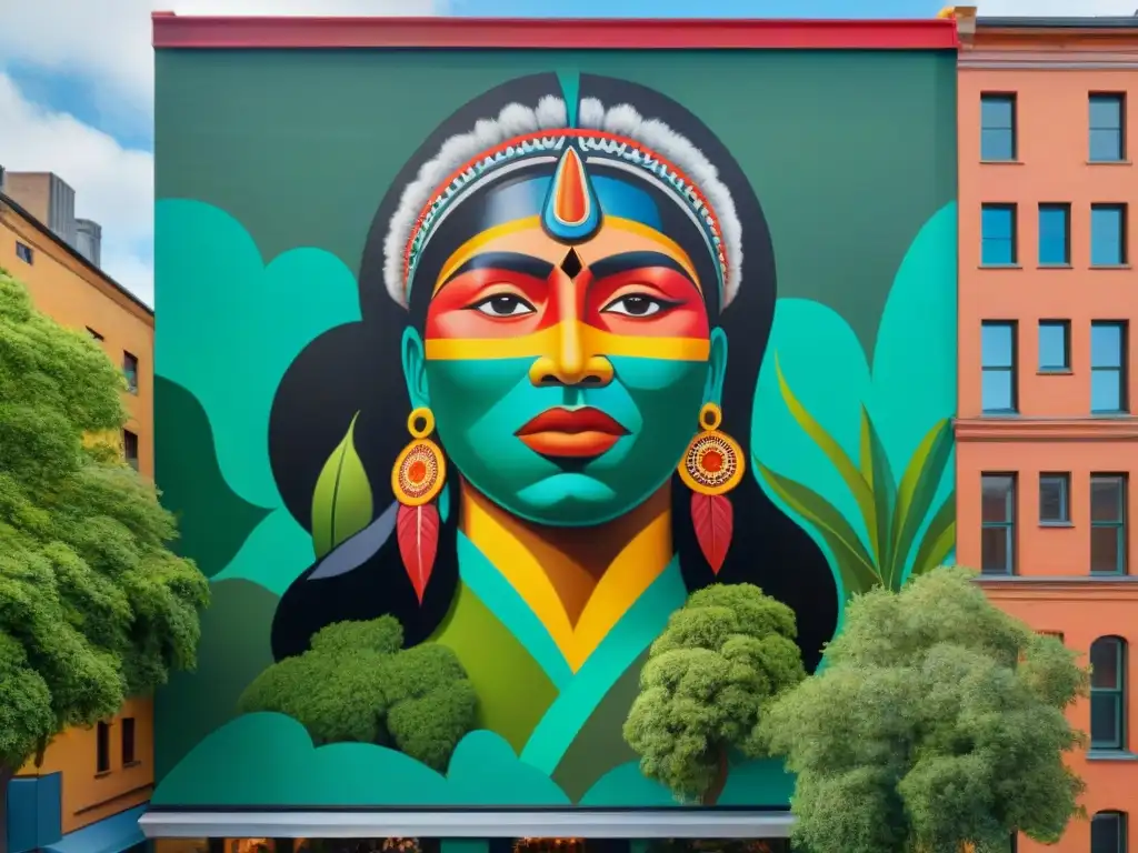 Arte indígena y activismo ambiental se fusionan en mural vibrante de líderes frente a la naturaleza exuberante en la ciudad