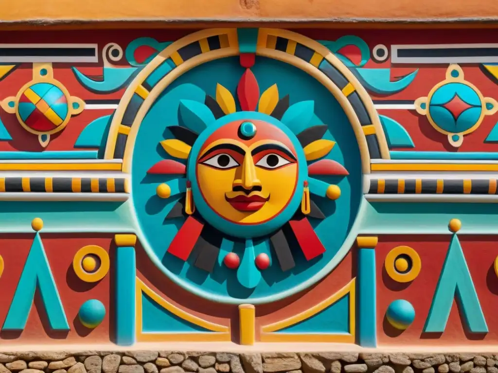 Decoración con arte indígena auténtico: Detalle vibrante de mural maya en hogar tradicional