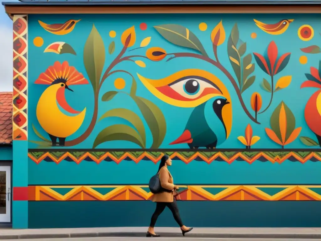 Decoración con arte indígena auténtico: Mural vibrante y detallado con símbolos culturales, flora y fauna, y figuras ancestrales en poses dinámicas