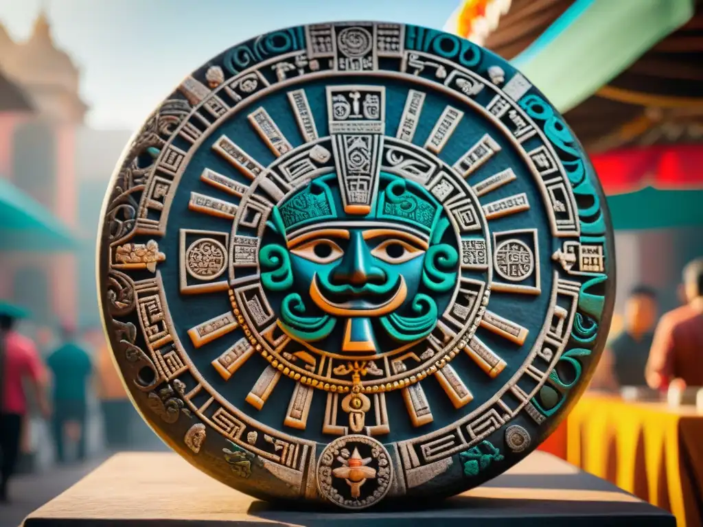 Arte indígena y culturas en vibrante mercado mexicano, detalle del calendario azteca bañado por cálida luz solar