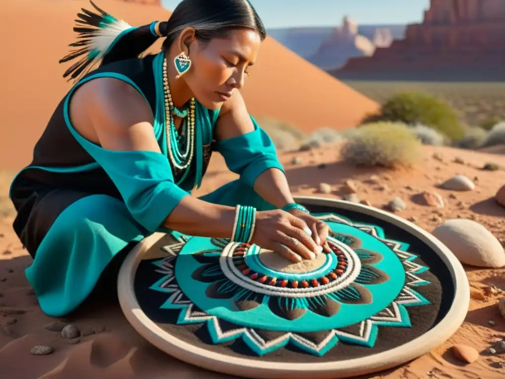 Arte indígena moderno Navajo: Un artista Navajo crea un detallado cuadro de arena con colores vibrantes y patrones geométricos