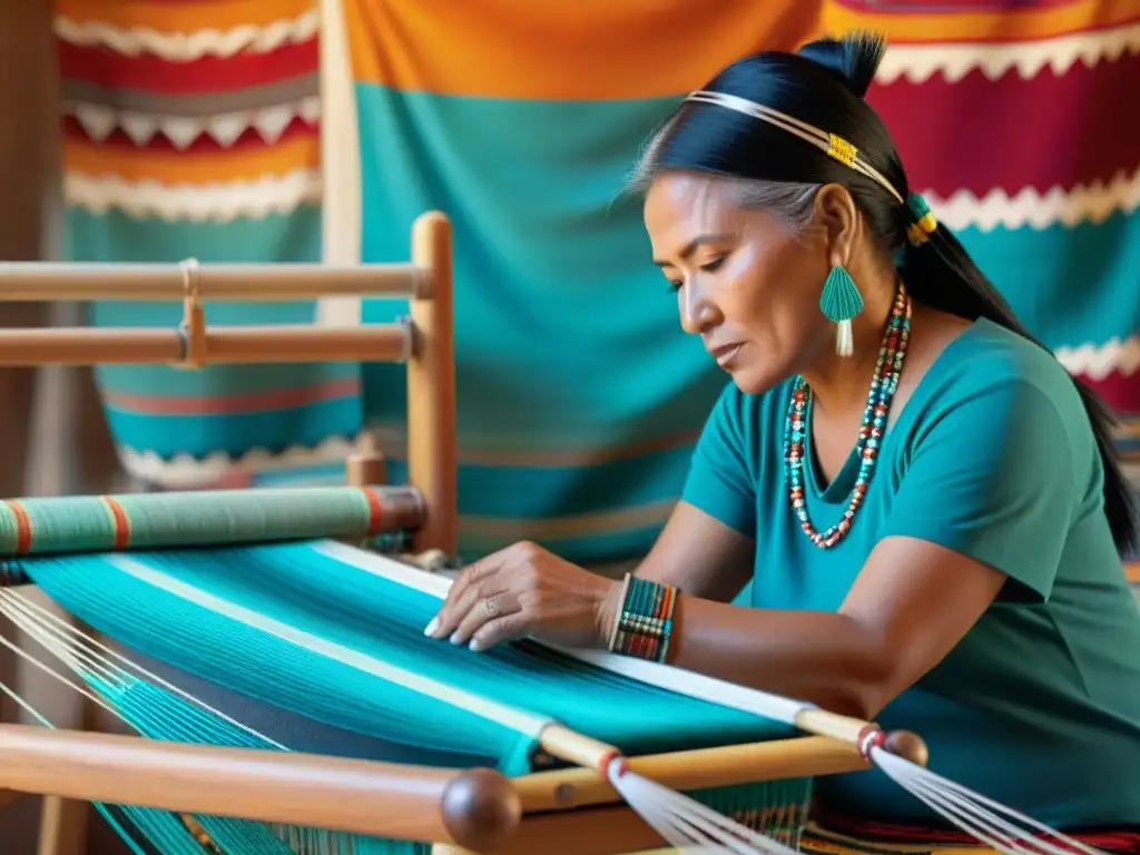 Arte indígena moderno Navajo: Tejedora Navajo en su estudio soleado, creando intrincados textiles coloridos