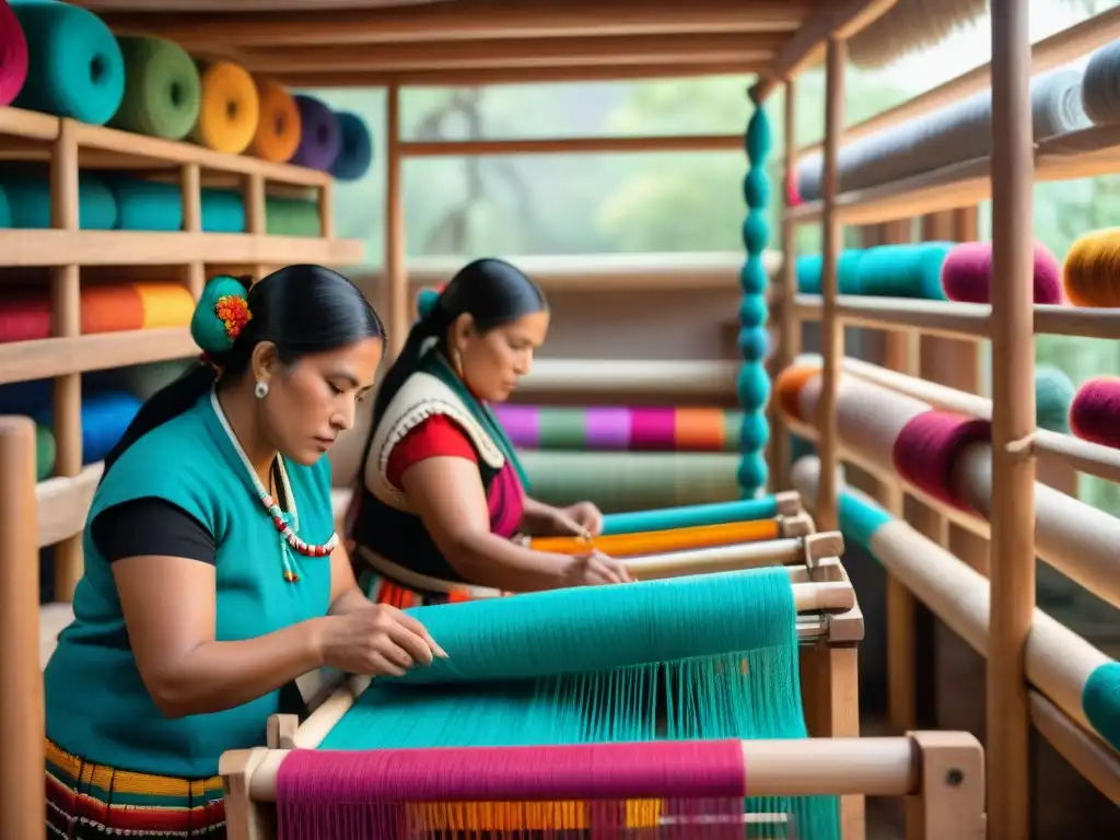 Arte del tejido indígena: Mujeres Nahua tejen patrones coloridos en telares de madera, mostrando destreza y tradición centenaria